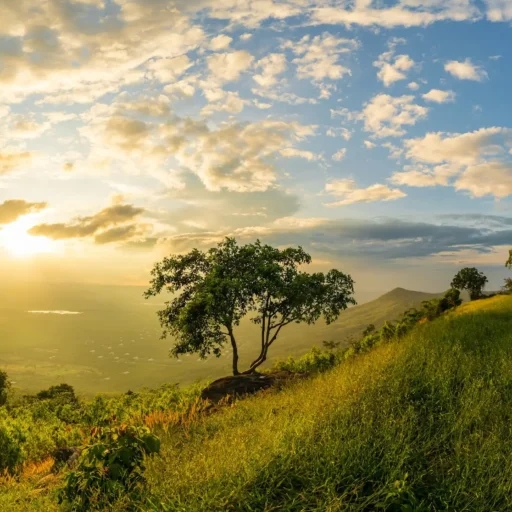 Mountain landscape with colorful vivid sunset on the cloudy sk